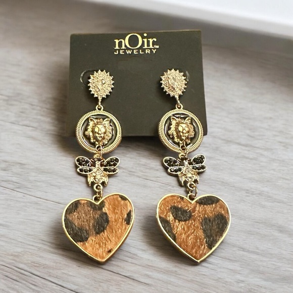 Noir Jewelry Leopard Heart Statement Earrings – Gold & Crystal Drop Earrings - Picture 3 of 5